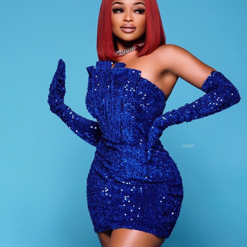 ELLAE LISQUE Royal Blue Sequin Mini Dress w/ Detachable Gloves